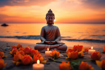 buddha statue in meditation with lotus flower and burning candles in summer beach during sunset background image