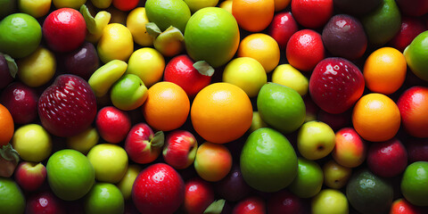 Fototapeta na wymiar Fruit mix, healthy vitamin products, tropical fruits and berries, plant health foods. Generative ai