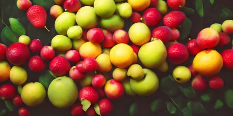 Fototapeta na wymiar Fruit mix, healthy vitamin products, tropical fruits and berries, plant health foods. Generative ai