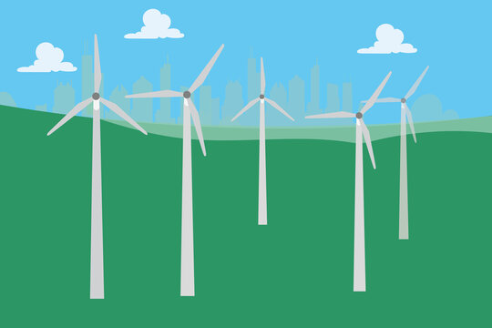 Wind power plant and factory. Wind turbines. Green energy industrial concept. Vector illustration in flat style. Wind power station background. Renewable energy vector design.