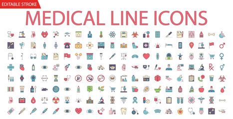Medical Vector Icons Set. Line Icons, Sign and Symbols in Outline Fill Design Medicine and Health Care with Elements for Mobile Concepts and Web Apps. Collection Modern Infographic Logo and Pictogram - obrazy, fototapety, plakaty