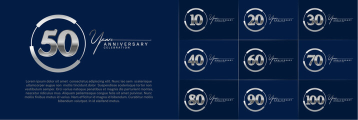 set of anniversary logo with silver number in circle and blue background can be use for celebration