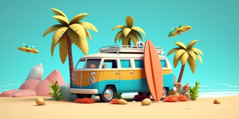 Mini van parking on a beach island, concept of beach vacation, landing page template in cute 3d cartoon illustration