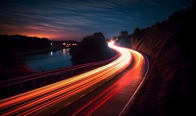 A long exposure photo of a highway at night. Generative AI - obrazy, fototapety, plakaty
