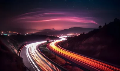 Cercles muraux Autoroute dans la nuit A long exposure photo of a highway at night. Generative AI