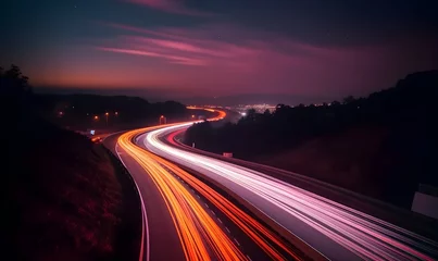 Photo sur Plexiglas Autoroute dans la nuit A long exposure photo of a highway at night. Generative AI