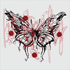 Black and white butterfly with red splash design and red accents. Graphic butterfly in red splash art elements and monochrome design.