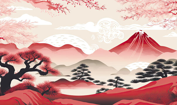 Classic japanese landscape. mountain, fuji, sakura, pagoda, water. Oriental natural background.