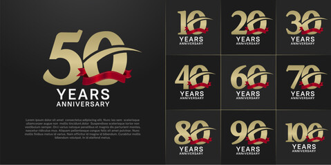 Naklejka premium set of anniversary logo with gold number and red ribbon can be use for celebration