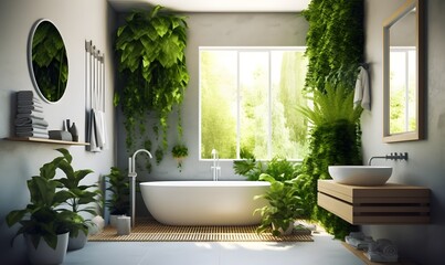 Bathroom interior decorated with green plants. Modern comfortable bathroom. Generative AI