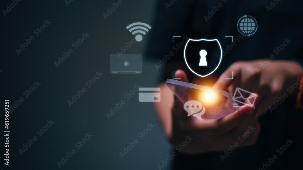 Poster safety online concept. icon of internet blocking app on the foreground..