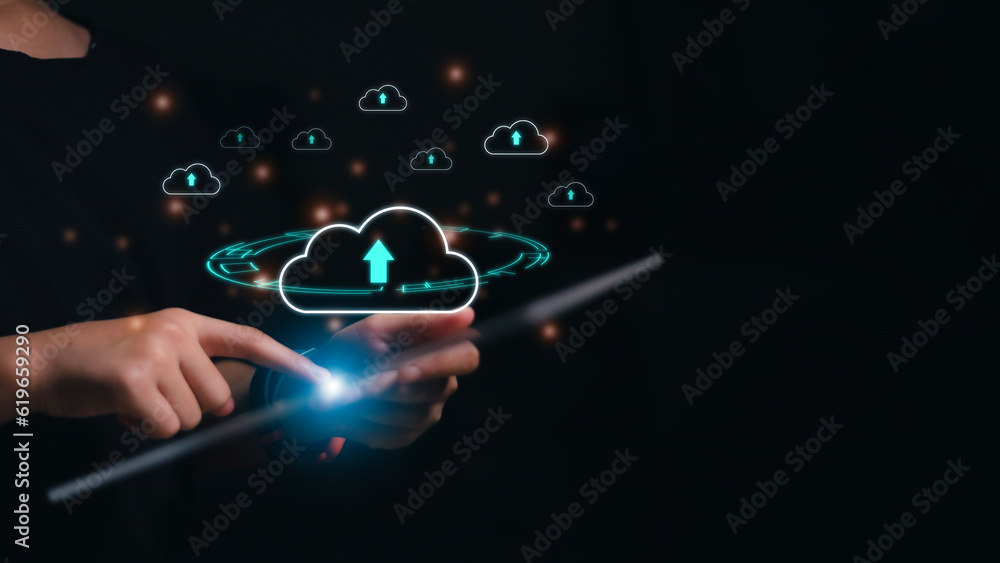Poster hand holding smartphone and laptop with cloud computing diagram show on hand. cloud technology. data