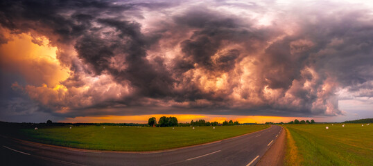 Angry supercell storm influenced by Climate change. Dangerous storm supercell shelf cloud with...