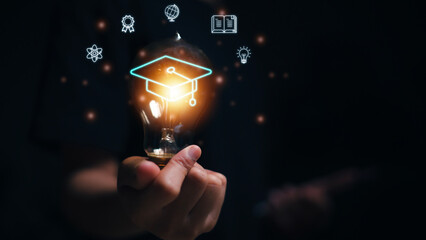 Hands showing graduation hat, Internet education course degree, E-learning graduate certificate program concept. study knowledge to creative thinking ideas and problem-solving solutions.