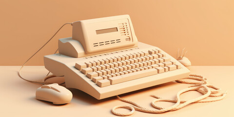 retro 90s style beige desktop PC with keyboard, 3d illustration