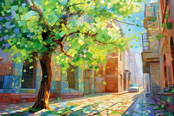 Street trees and brick buildings receiving bright sunlight, Generative AI