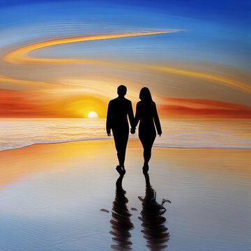 Silhouetted Couple Walking on a Beach at Sunset