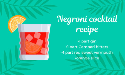 Negroni cocktail recipe with ice cube and orange slice. Classic alcoholic in a glass glass. Tamplate for background, banner, card and poster with text inscription. Flat vector illustration.