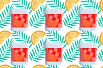 Seamless pattern Negroni cocktail with ice cube, twist slice orange and palm leaves. Vector illustration.