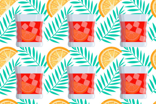 Seamless pattern Negroni cocktail with ice cube, twist slice orange and palm leaves. Vector illustration.