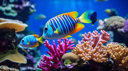 Foto auf Acrylglas Dunkelblau Colorful fish swims among colorful corals.