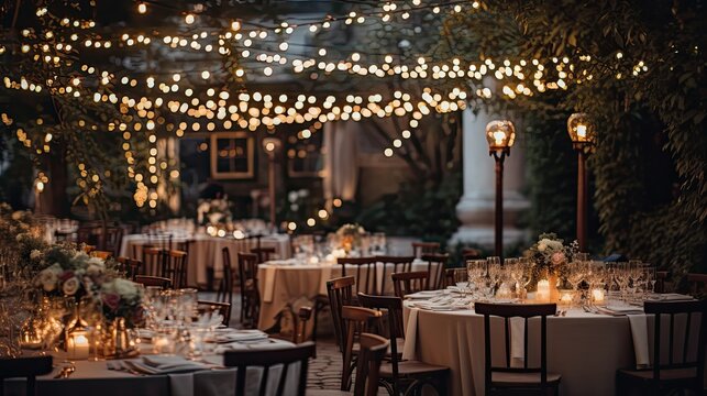 Wedding r table setting. hall decoration with a lot of string lights and candles. festive table decor on the terrace
