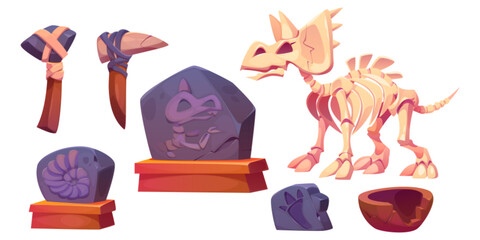 Fossil dinosaur skeleton for museum vector cartoon icon set. Stone footprint, triceratops bone and skull isolated on background. Dig ancient jurassic archaeologist discovery exhibit with broken vase © klyaksun