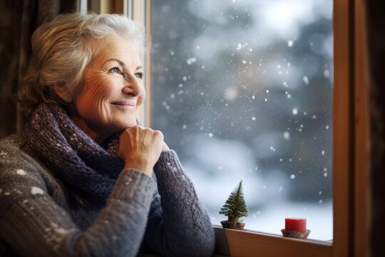 Close up of a senior woman contemplating a winter scene from her window. Generative AI