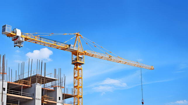 Crane and building construction site against blue sky