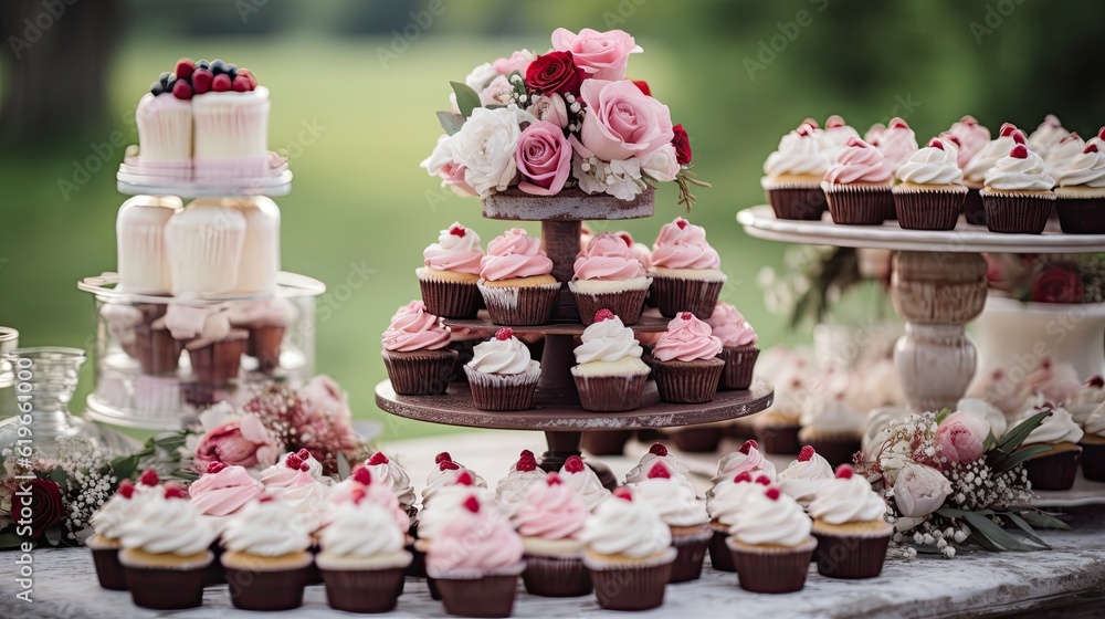 Wall mural wedding cake decorated with flowers,  cupcakes with cream