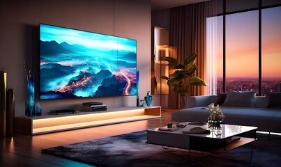 Big Tv In A Living Room. Elegant living room with big tv screen. Generative AI - obrazy, fototapety, plakaty