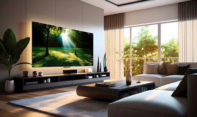 Fototapeta na wymiar Big Tv In A Living Room. Elegant living room with big tv screen. Generative AI