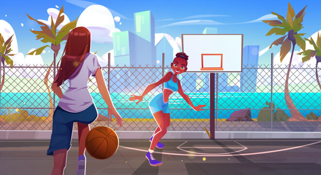 Girl play basketball on street court beach and sea vector background. basket ball game stadium with cityscape on ocean shore. Skyscraper view from city sport arena and competition between woman