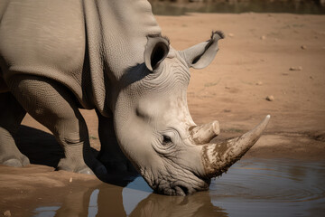 The white Rhinoceros is seen drinking from a waterhole, satisfying its thirst