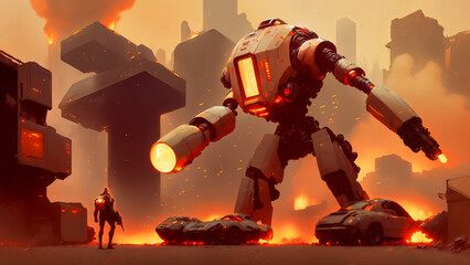 A soldier faces off against a giant robot in a war-torn city. Generative. AI+ Digital Paint. - 619663028