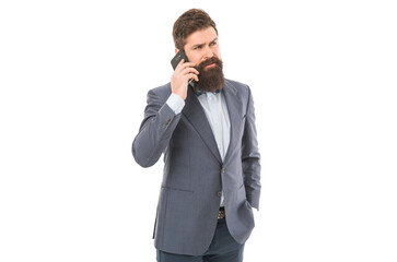 Fototapeta premium Always in touch with clients. man speaking on phone. Agile business. mature man. success deal. Business talk. business communication. bearded businessman in formal suit. Confident businessman