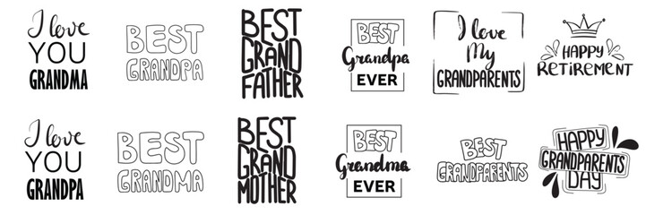 Collection of hand writhing banner phrases about grandparents. Best grandmother, the best grandfather isolated on white background. Vector illustration. 
