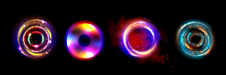 Set of round light flares isolated on black background. Vector realistic illustration of rainbow color circles with smoke, sparkling particles, glow effect. Radial energy vortex. Disco decor