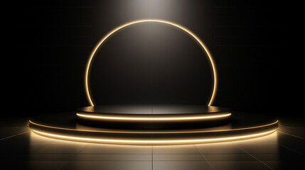 Golden Light neon on black background studio with Generative Ai. Empty stage show. 