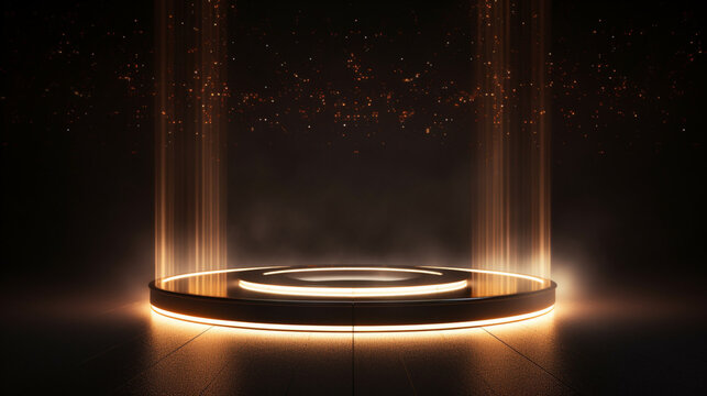 Golden Light neon on black background with Generative Ai. Empty stage show. Night club interior.