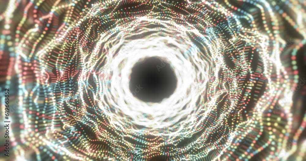 Poster abstract yellow energy tunnel made of particles and a grid of high-tech lines with a glowing backgro