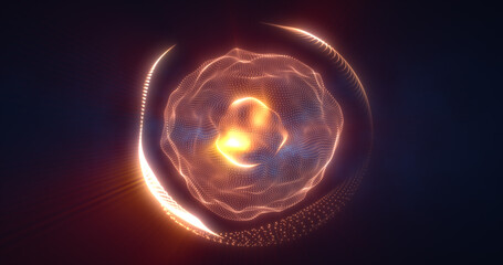 Abstract orange energy sphere from particles and waves of magical glowing on a dark background