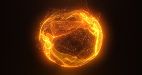 Abstract orange fire energy sphere of particles and waves of magical glowing on a dark background