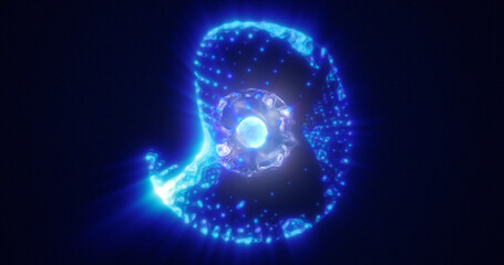 Abstract energy sphere with flying glowing bright blue particles, science futuristic atom with electrons hi-tech background