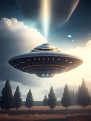 Peel and stick wall murals UFO ufo in the city sky illustration, vector, generative ai