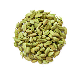 top view flat lay overhead pile of green cardamom cardamon  isolated on white background. green cardamom cardamon isolated. heap of green cardamom cardamon isolated