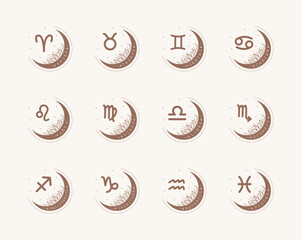 Set of astrological zodiac sign. Horoscope icons in boho minimalist style. Mystic vector illustration. Spiritual tarot card. Hand drawn magic vintage logos.