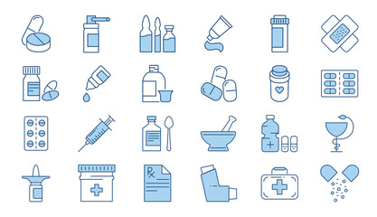 Drugs Related Vector Icons set. Drugs signs. Contains such Icons as Pills, Spray, Syringe, First Aid, Gel, Recipe, Syrup, Pills Tube, Tooth Paste, Capsule, Vitamin, Inhaler, Eye Drops