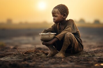 African hungry boy sits on the ground and eats. Generative AI.
