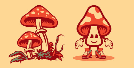 Abstract cute funny comic character of agaric mushroom. Retro, cartoon, vintage style. 60s, 70s, 80s. Fun background. Greeting cards, posters. Trendy vector illustration 